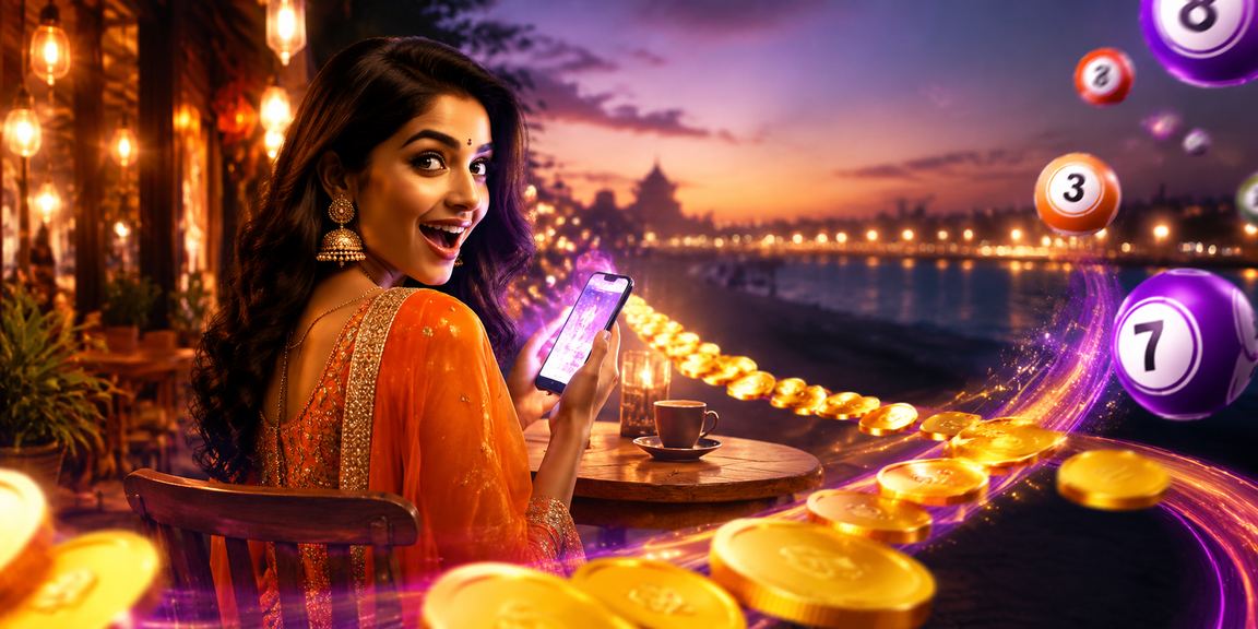 Chennai Marina beach with neon lights and lottery theme