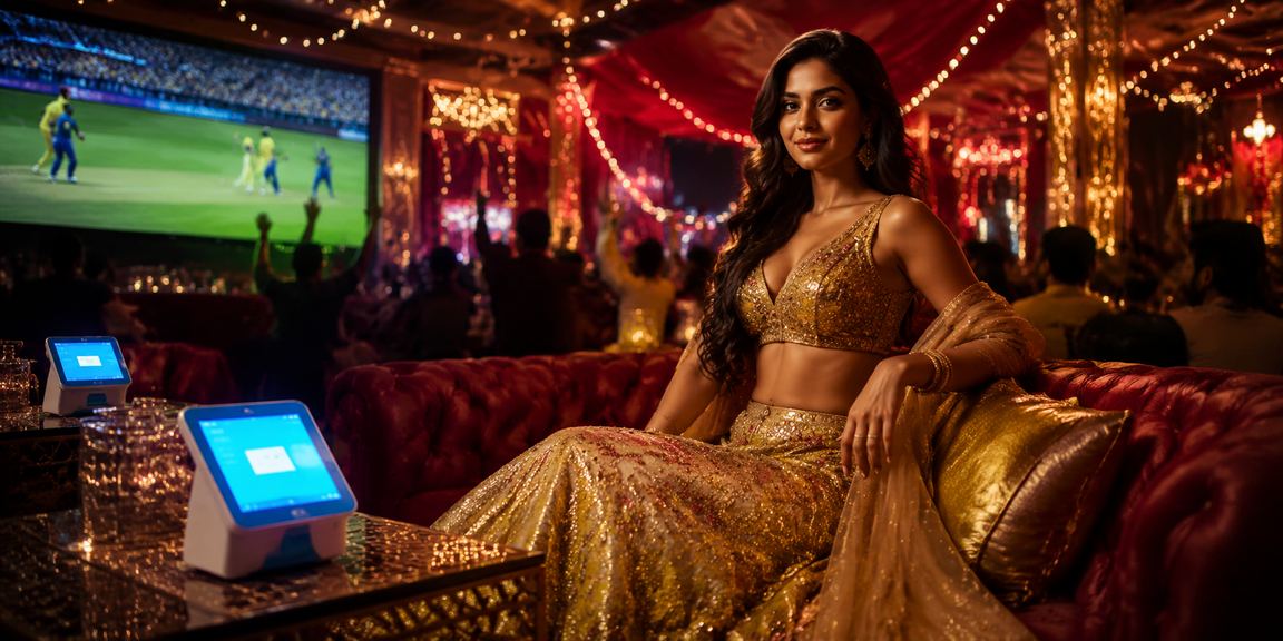 Indian cricket betting culture with woman in lehenga