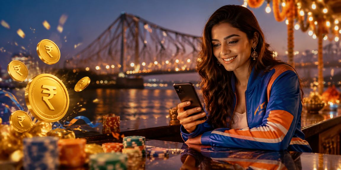 Howrah Bridge and cricket betting scene with Indian rupees